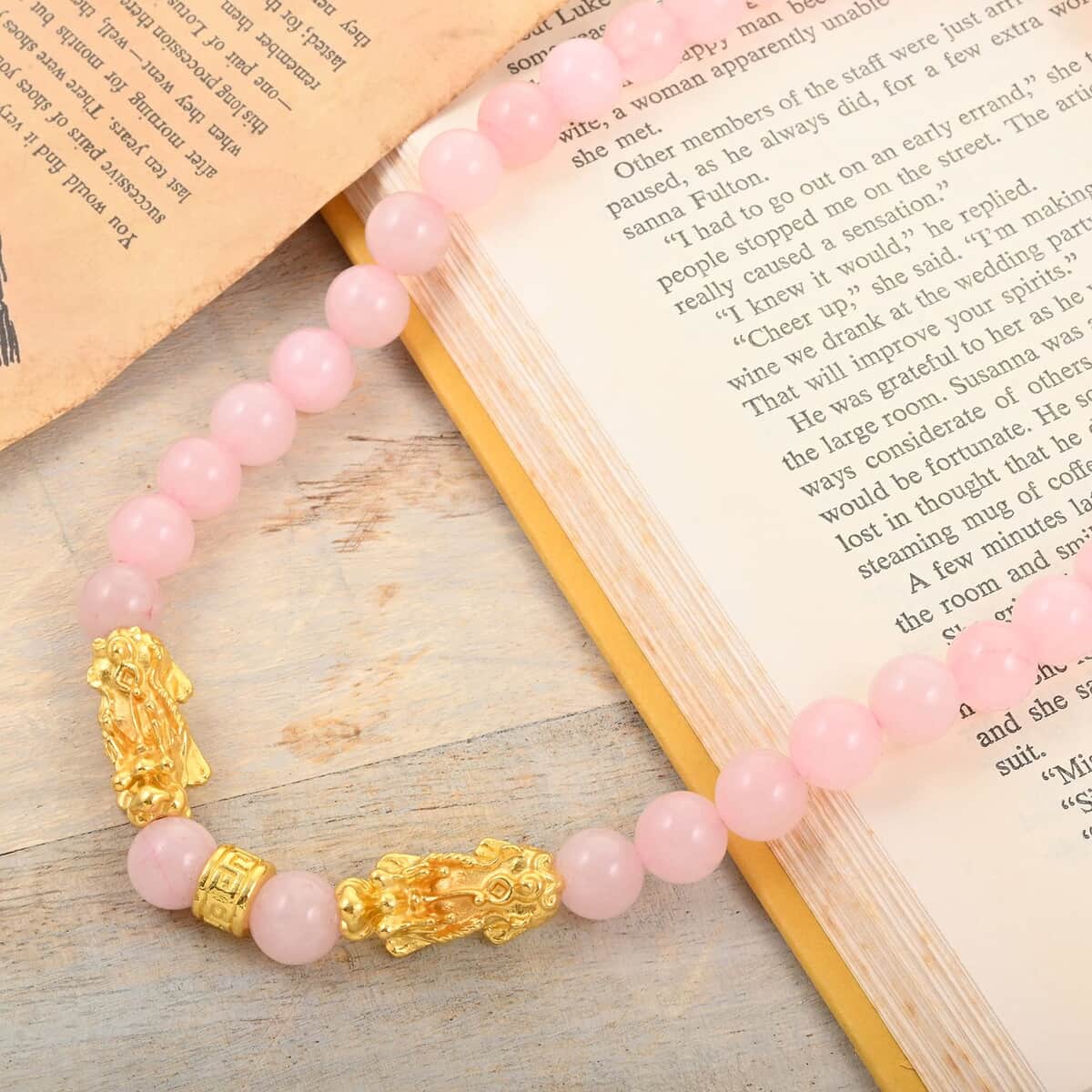 Galilea Rose Quartz Beaded Necklace with Pixiu Charm 18-20 Inches in Goldtone 39.00 ctw image number 1