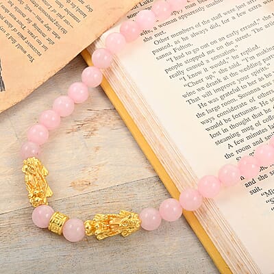 Galilea Rose Quartz Beaded Necklace with Pixiu Charm 18-20 Inches in Goldtone 39.00 ctw
