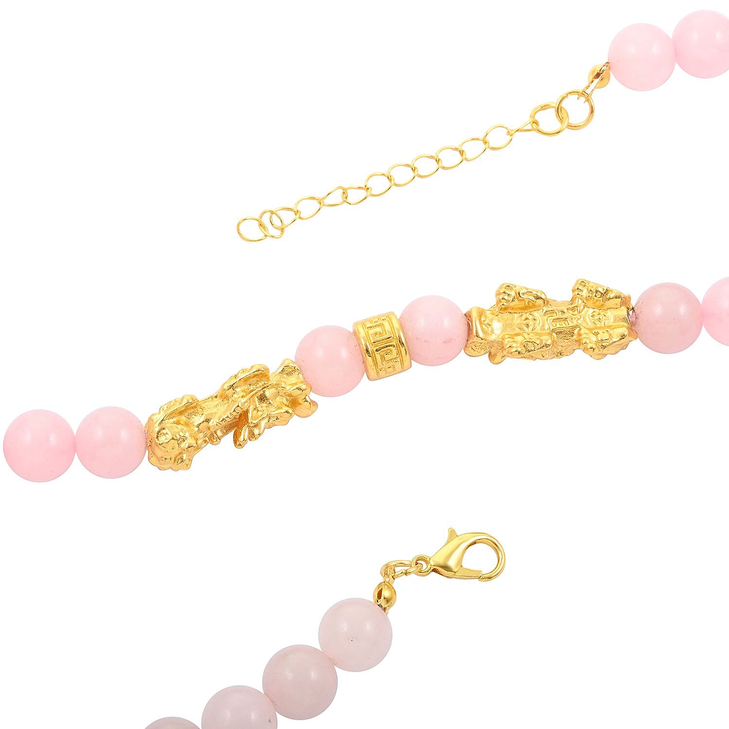 Galilea Rose Quartz Beaded Necklace with Pixiu Charm 18-20 Inches in Goldtone 39.00 ctw