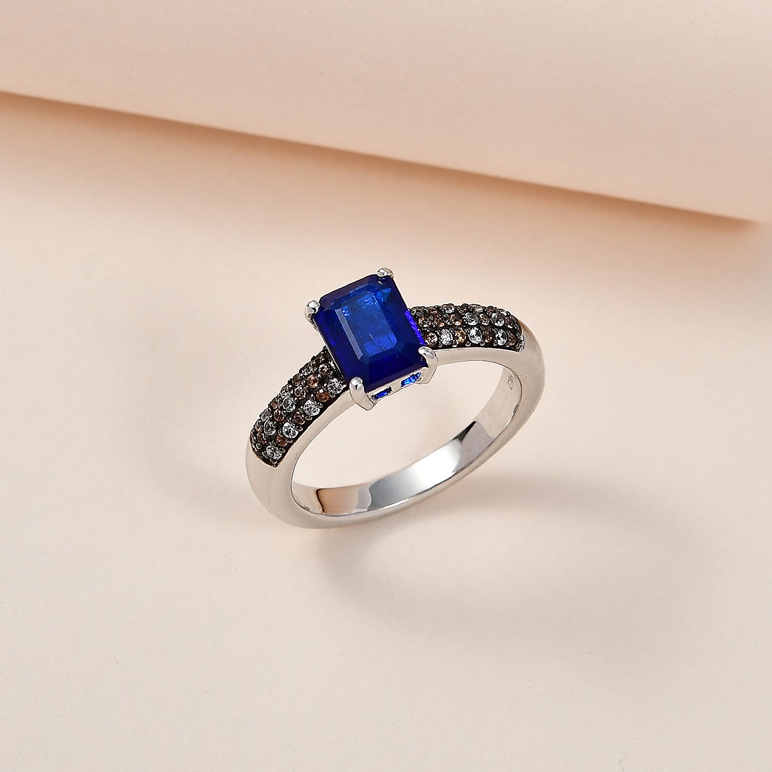 Tanzanian Blue Spinel (DF), White and Champagne Zircon Ring in Platinum Over Sterling Silver (Size 10.0) 2.75 ctw