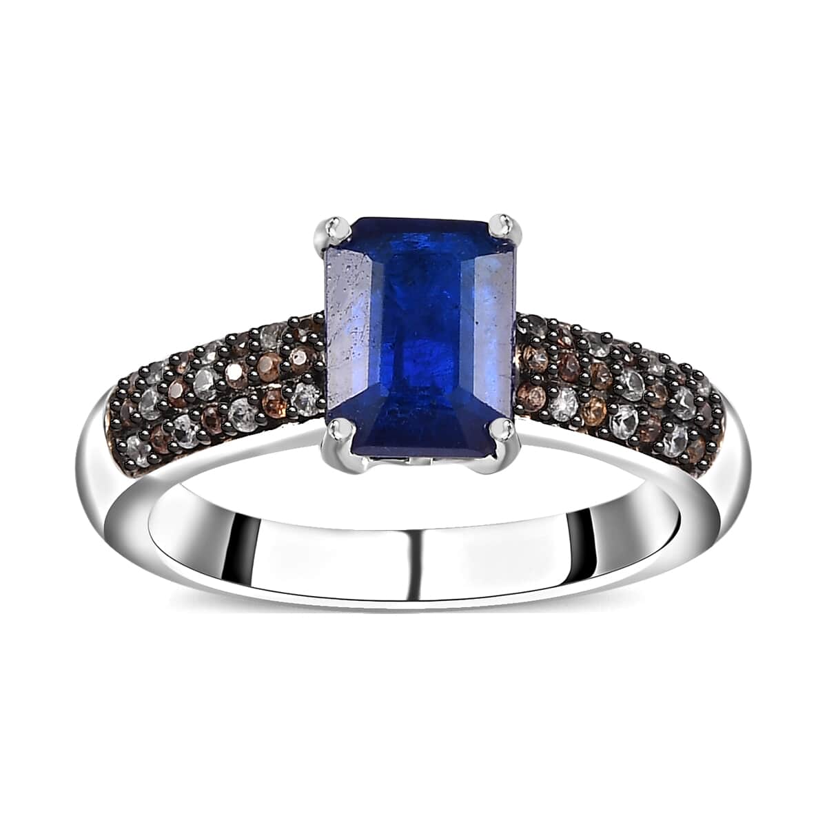 Tanzanian Blue Spinel (DF), White and Champagne Zircon Ring in Platinum Over Sterling Silver (Size 9.0) 2.75 ctw image number 0