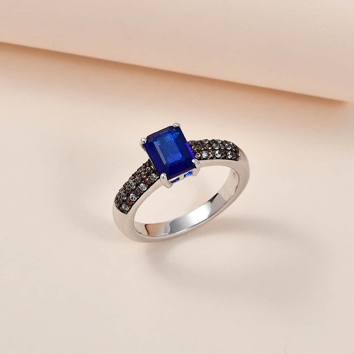 Tanzanian Blue Spinel (DF), White and Champagne Zircon Ring in Platinum Over Sterling Silver (Size 9.0) 2.75 ctw image number 1