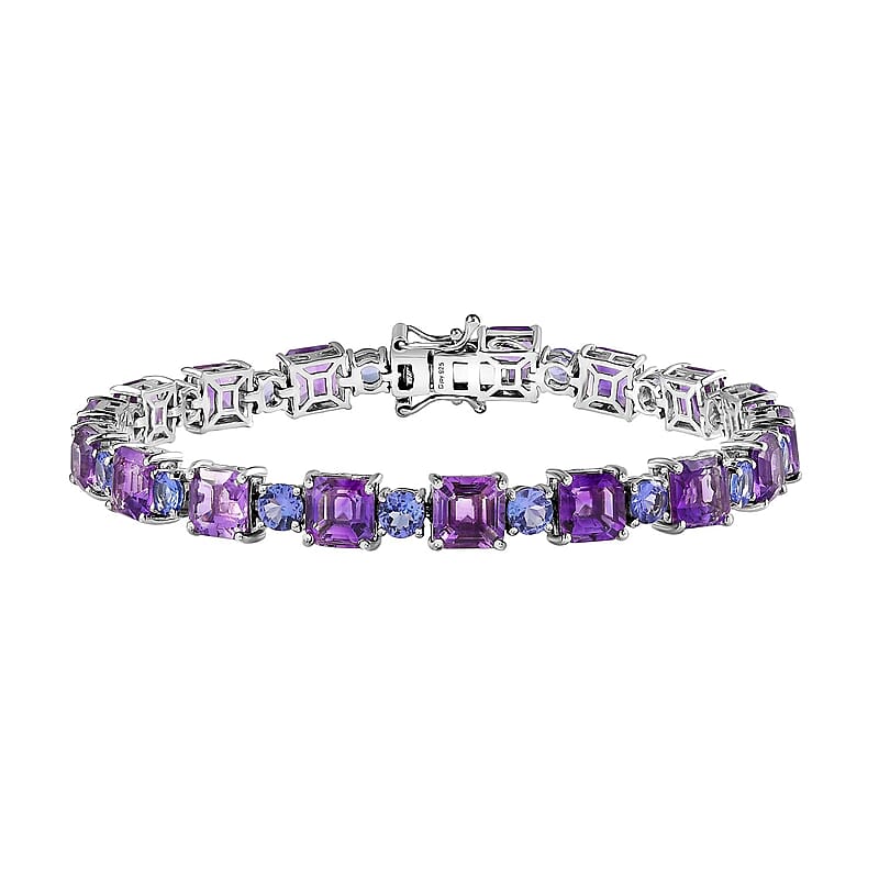 Asscher Cut Moroccan Amethyst and Tanzanite 22.10 ctw Bracelet in Platinum Over Sterling Silver (7.25 In)