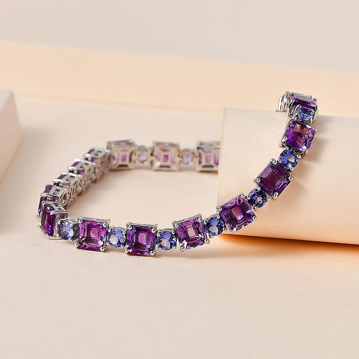 Asscher Cut Moroccan Amethyst and Tanzanite Bracelet in Platinum Over Sterling Silver (7.25 In) 22.10 ctw (Del. in 10-12 Days) image number 1
