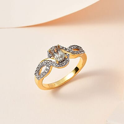 AAA Turkizite and White Zircon Ring in Vermeil Yellow Gold Over Sterling Silver (Size 10.0) 1.10 ctw