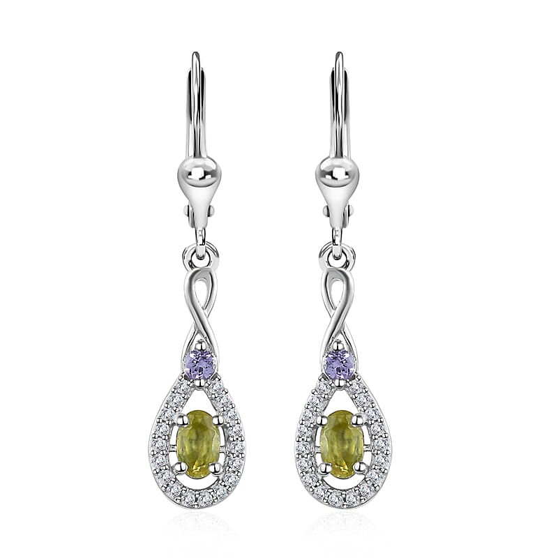 Premium Sava Sphene and Multi Gemstone Lever Back Earrings in Platinum Over Sterling Silver 1.00 ctw