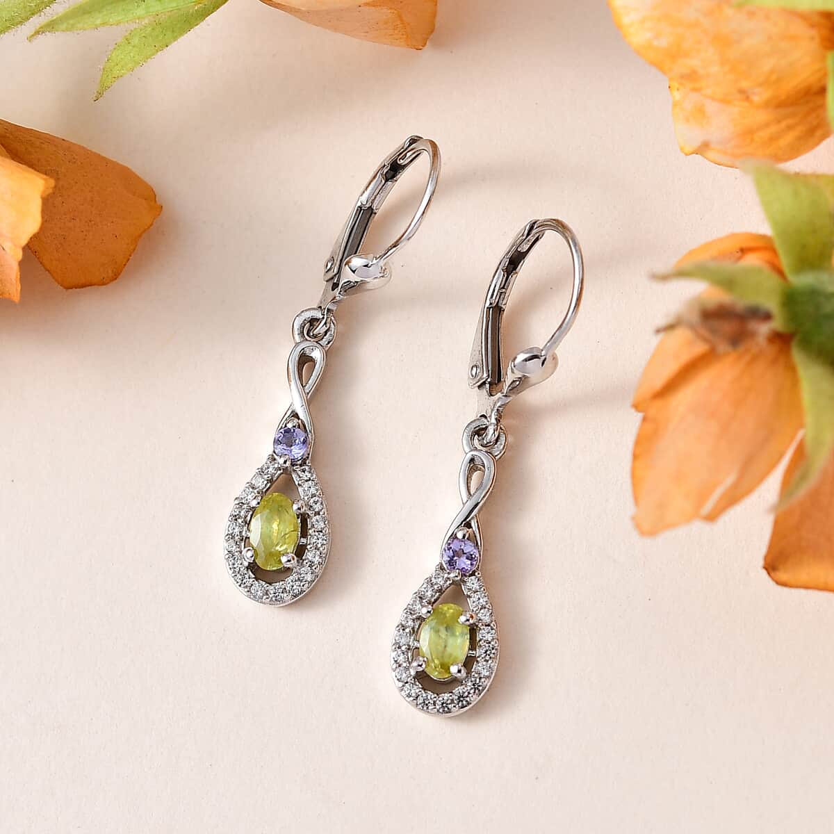Premium Sava Sphene and Multi Gemstone Lever Back Earrings in Platinum Over Sterling Silver 1.00 ctw image number 1
