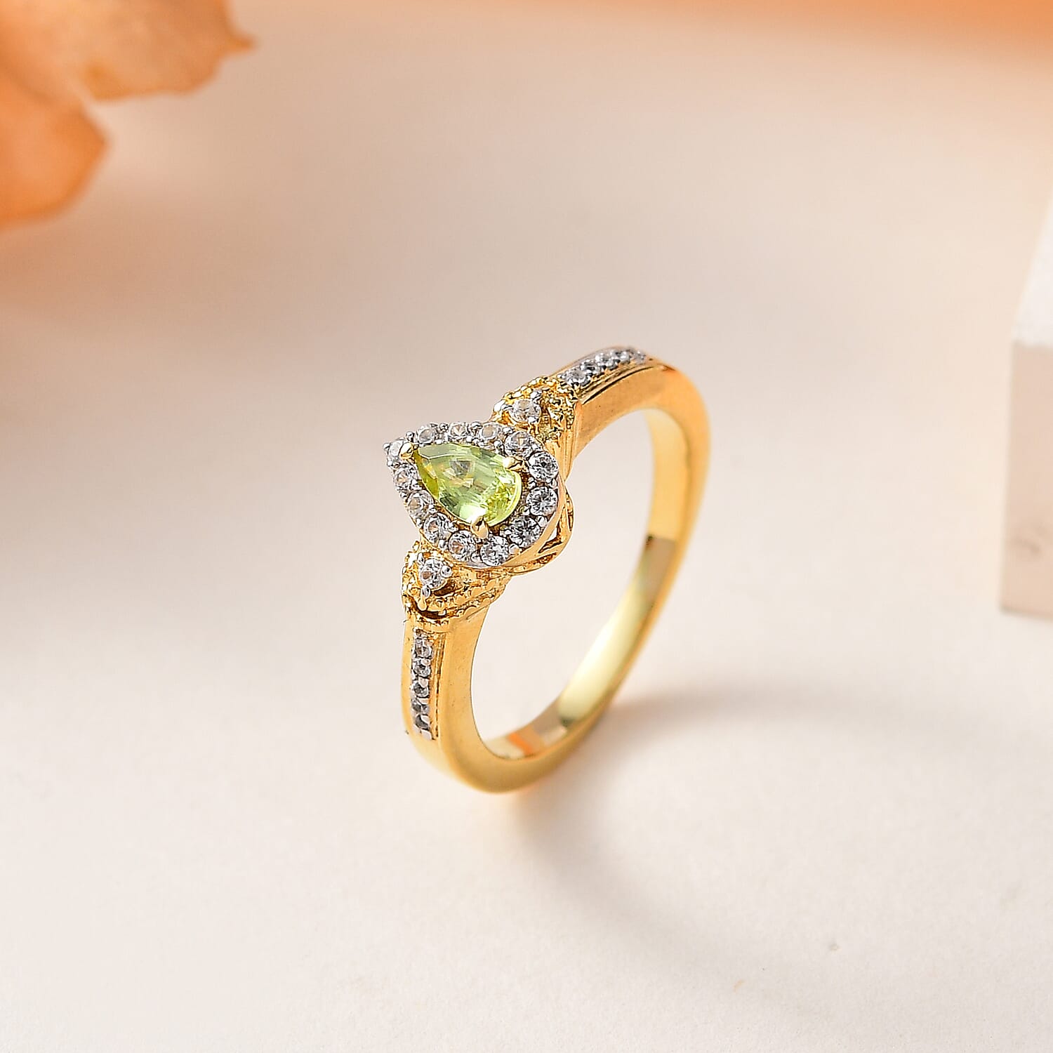 Premium Sava Sphene and White Zircon Halo Ring in Vermeil Yellow Gold Over Sterling Silver (Size 10.0) 0.50 ctw