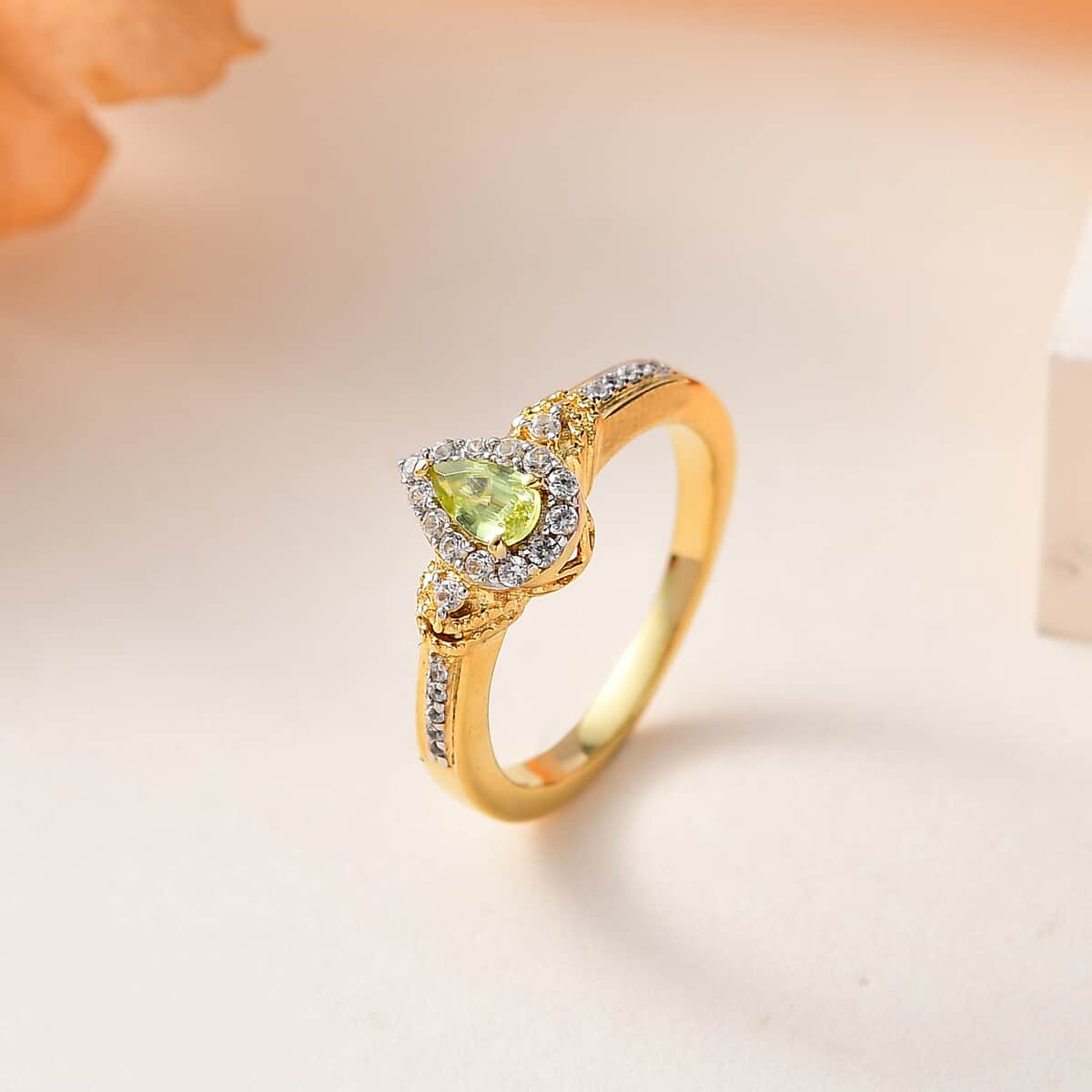 Premium Sava Sphene and White Zircon Halo Ring in Vermeil Yellow Gold Over Sterling Silver (Size 5.0) 0.50 ctw image number 1
