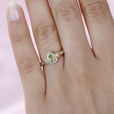 Premium Sava Sphene and White Zircon Halo Ring in Vermeil Yellow Gold Over Sterling Silver (Size 5.0) 0.50 ctw