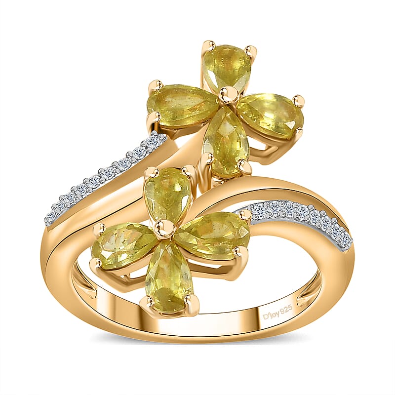 Premium Sava Sphene and White Zircon Plumeria Floral Bypass Ring in Vermeil Yellow Gold Over Sterling Silver (Size 10.0) 2.15 ctw