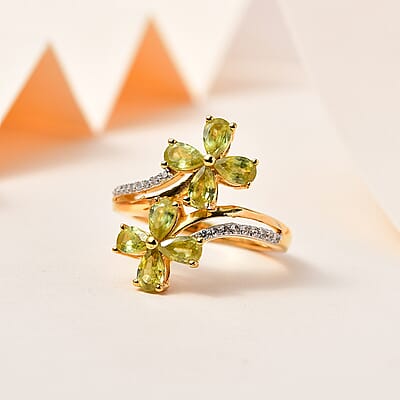 Premium Sava Sphene and White Zircon Plumeria Floral Bypass Ring in Vermeil Yellow Gold Over Sterling Silver (Size 10.0) 2.15 ctw