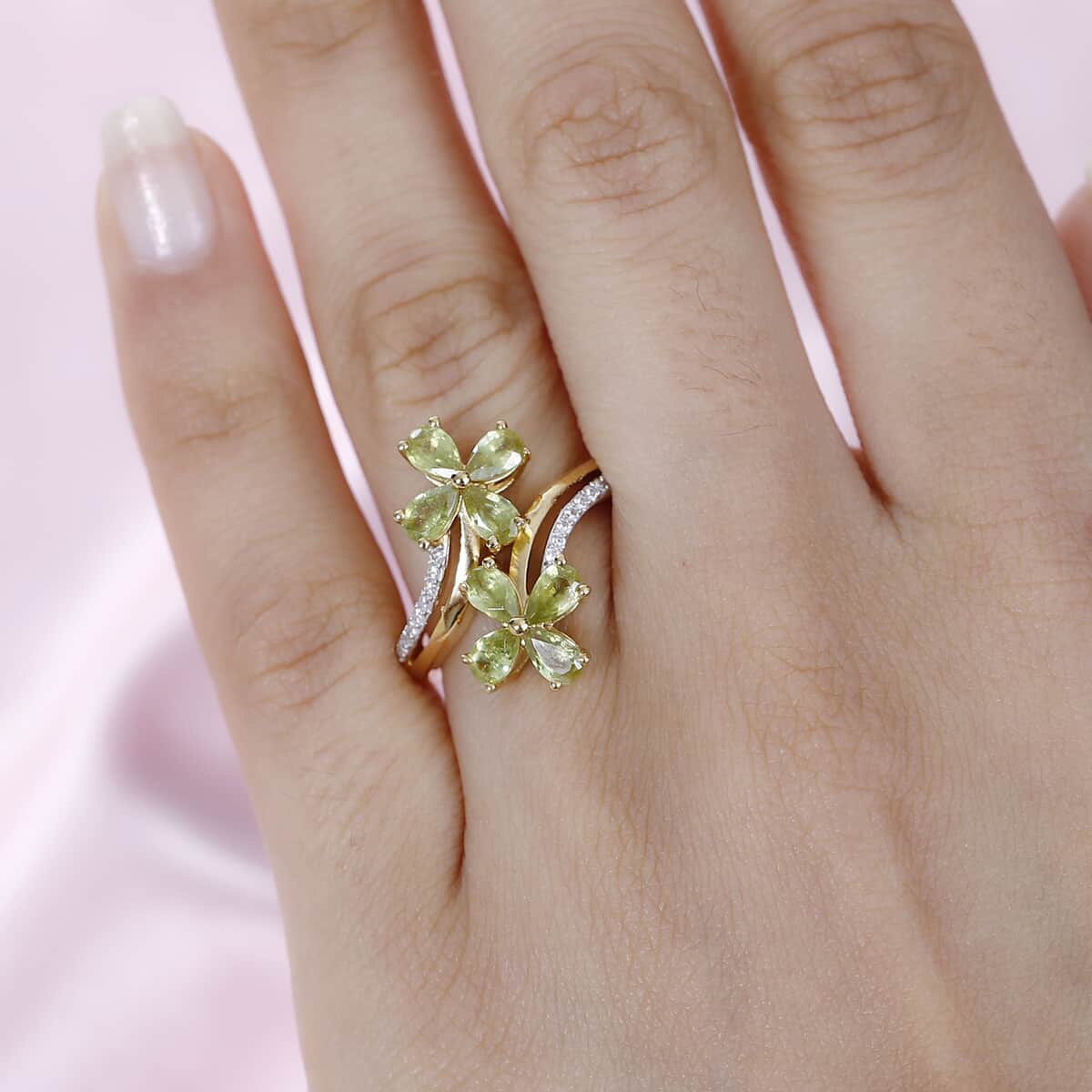 Premium Sava Sphene and White Zircon Plumeria Floral Bypass Ring in Vermeil Yellow Gold Over Sterling Silver (Size 10.0) 2.15 ctw image number 2