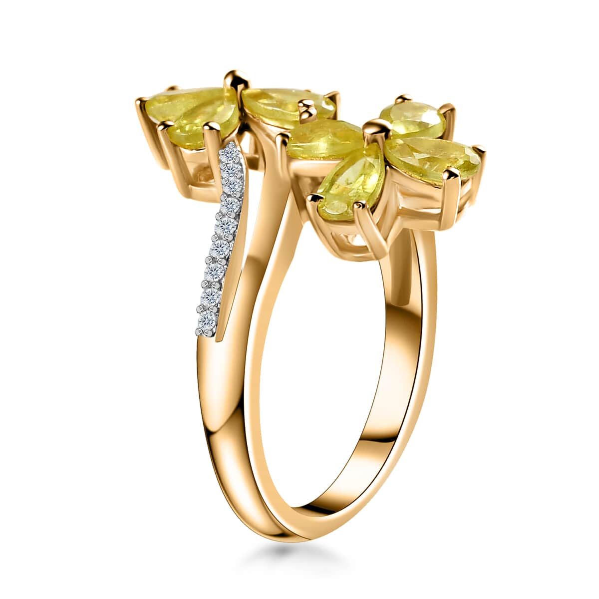 Premium Sava Sphene and White Zircon Plumeria Floral Bypass Ring in Vermeil Yellow Gold Over Sterling Silver (Size 10.0) 2.15 ctw image number 3