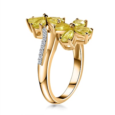 Premium Sava Sphene and White Zircon Plumeria Floral Bypass Ring in Vermeil Yellow Gold Over Sterling Silver (Size 10.0) 2.15 ctw