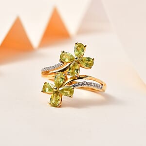 Premium Sava Sphene and White Zircon Plumeria Floral Bypass Ring in Vermeil Yellow Gold Over Sterling Silver (Size 6.0) 2.15 ctw