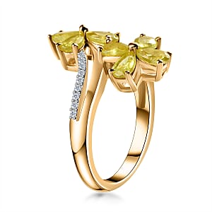 Premium Sava Sphene and White Zircon Plumeria Floral Bypass Ring in Vermeil Yellow Gold Over Sterling Silver (Size 6.0) 2.15 ctw