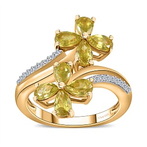Premium Sava Sphene and White Zircon Plumeria Floral Bypass Ringin Vermeil Yellow Gold Over Sterling Silver (Size 7.0) 2.15 ctw