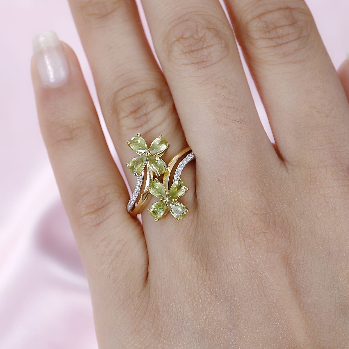 Premium Sava Sphene and White Zircon Plumeria Floral Bypass Ringin Vermeil Yellow Gold Over Sterling Silver (Size 7.0) 2.15 ctw image number 2