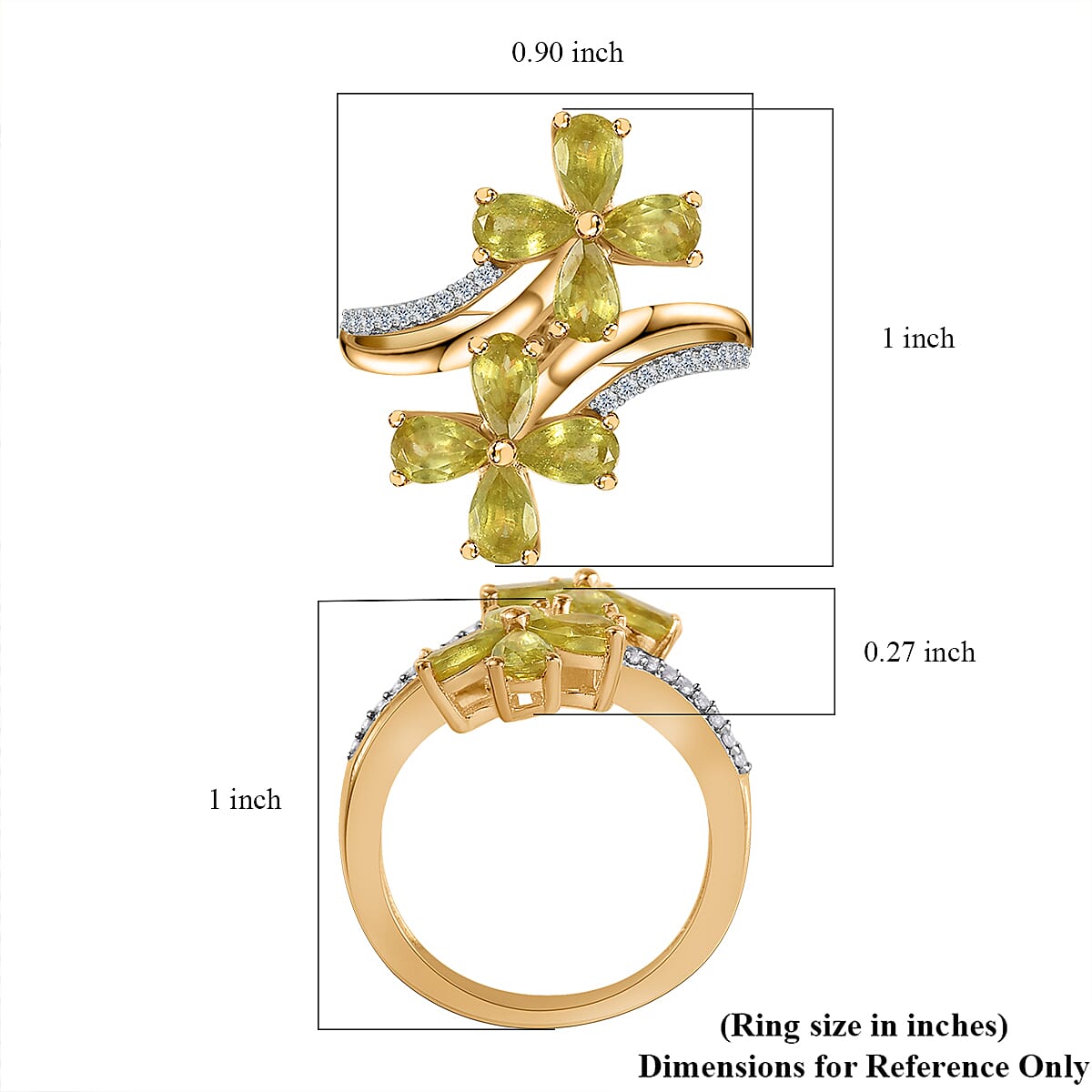 Premium Sava Sphene and White Zircon Plumeria Floral Bypass Ringin Vermeil Yellow Gold Over Sterling Silver (Size 7.0) 2.15 ctw image number 5