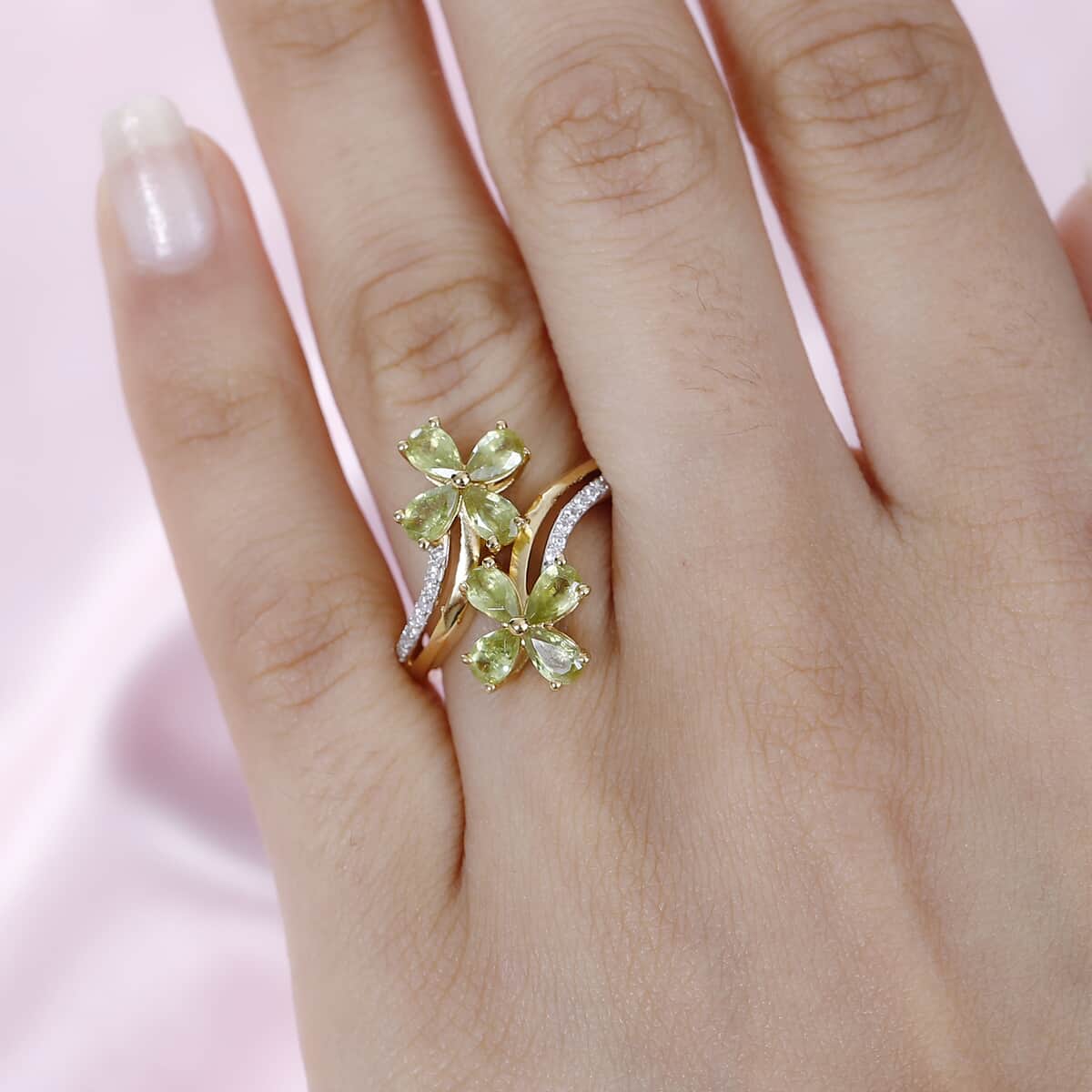 Premium Sava Sphene and White Zircon Plumeria Floral Bypass Ring in Vermeil Yellow Gold Over Sterling Silver (Size 8.0) 2.15 ctw image number 2