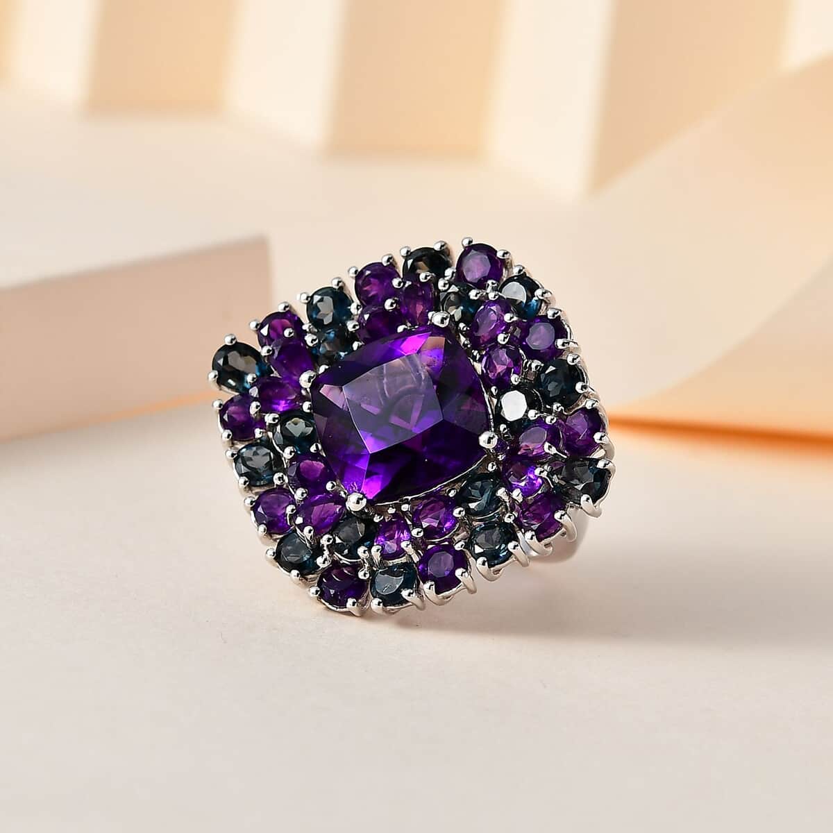 African Amethyst and London Blue Topaz Double Halo Ring in Platinum Over Sterling Silver (Size 10.0) 21.30 ctw image number 1