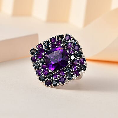 African Amethyst and London Blue Topaz Double Halo Ring in Platinum Over Sterling Silver (Size 10.0) 21.30 ctw