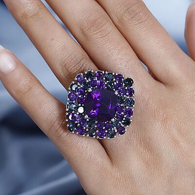 African Amethyst and London Blue Topaz Double Halo Ring in Platinum Over Sterling Silver (Size 10.0) 21.30 ctw
