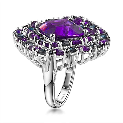 African Amethyst and London Blue Topaz Double Halo Ring in Platinum Over Sterling Silver (Size 10.0) 21.30 ctw