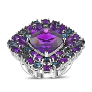 African Amethyst and London Blue Topaz 21.30 ctw Double  Halo Ring in Platinum Over Sterling Silver (Size 5.0)