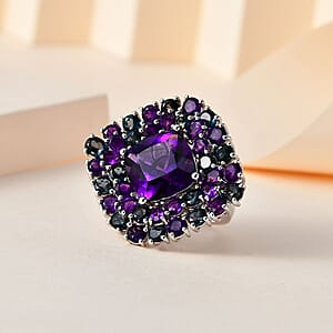 African Amethyst and London Blue Topaz 21.30 ctw Double  Halo Ring in Platinum Over Sterling Silver (Size 5.0)