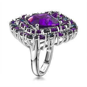 African Amethyst and London Blue Topaz 21.30 ctw Double  Halo Ring in Platinum Over Sterling Silver (Size 5.0)