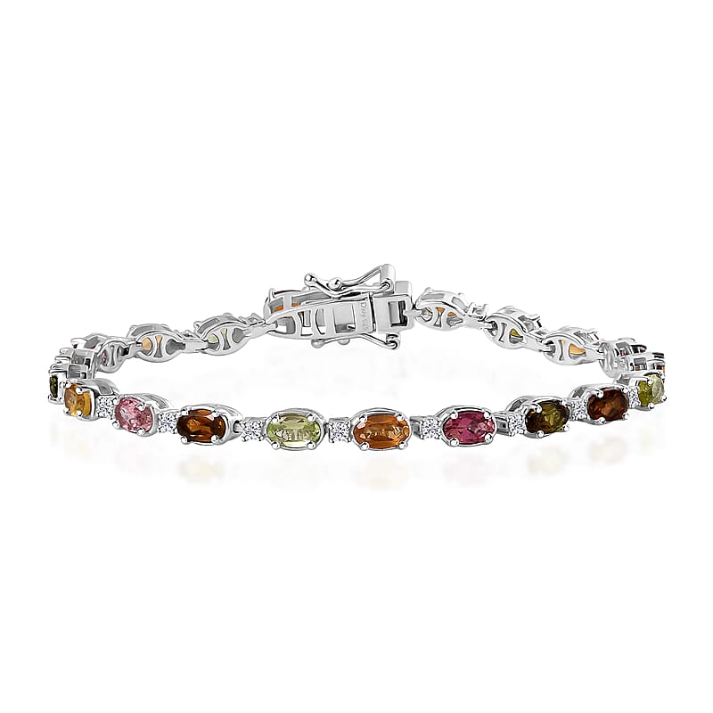 Multi-Tourmaline and White Zircon Bracelet in Platinum Over Sterling Silver (6.50 In) 5.50 ctw