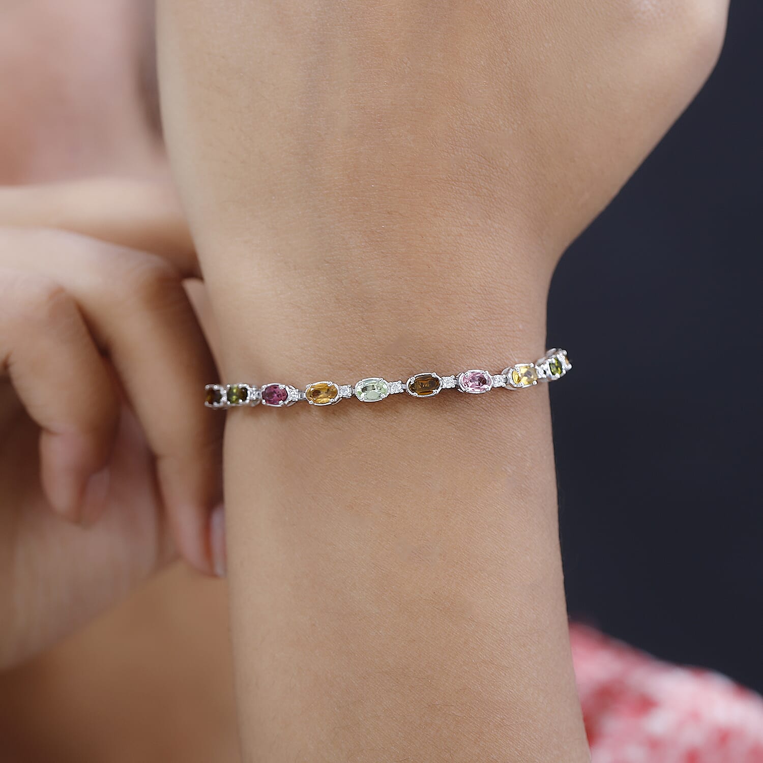 Multi-Tourmaline and White Zircon Bracelet in Platinum Over Sterling Silver (6.50 In) 5.50 ctw