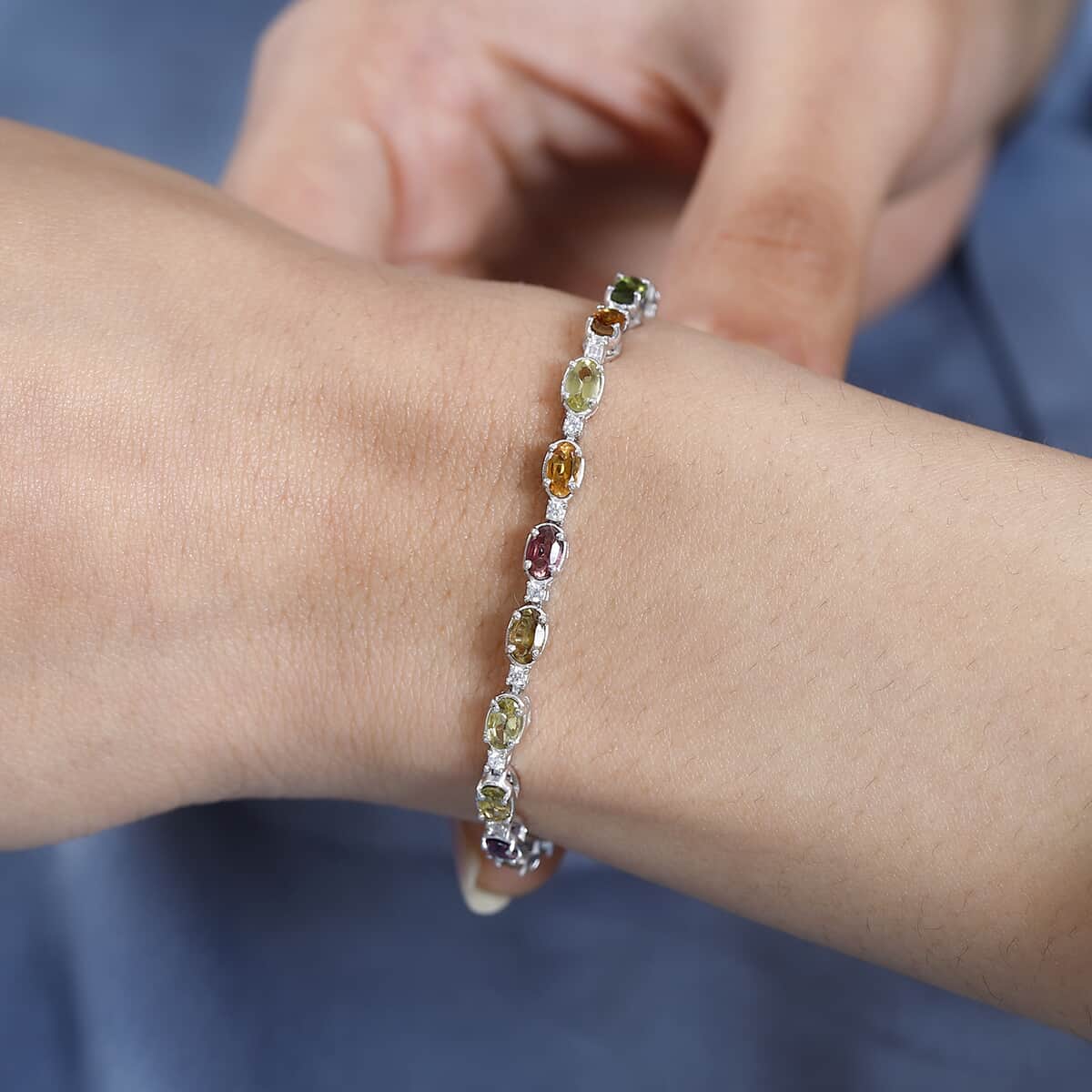 Multi-Tourmaline and White Zircon Bracelet in Platinum Over Sterling Silver (7.25 In) 6.00 ctw image number 2