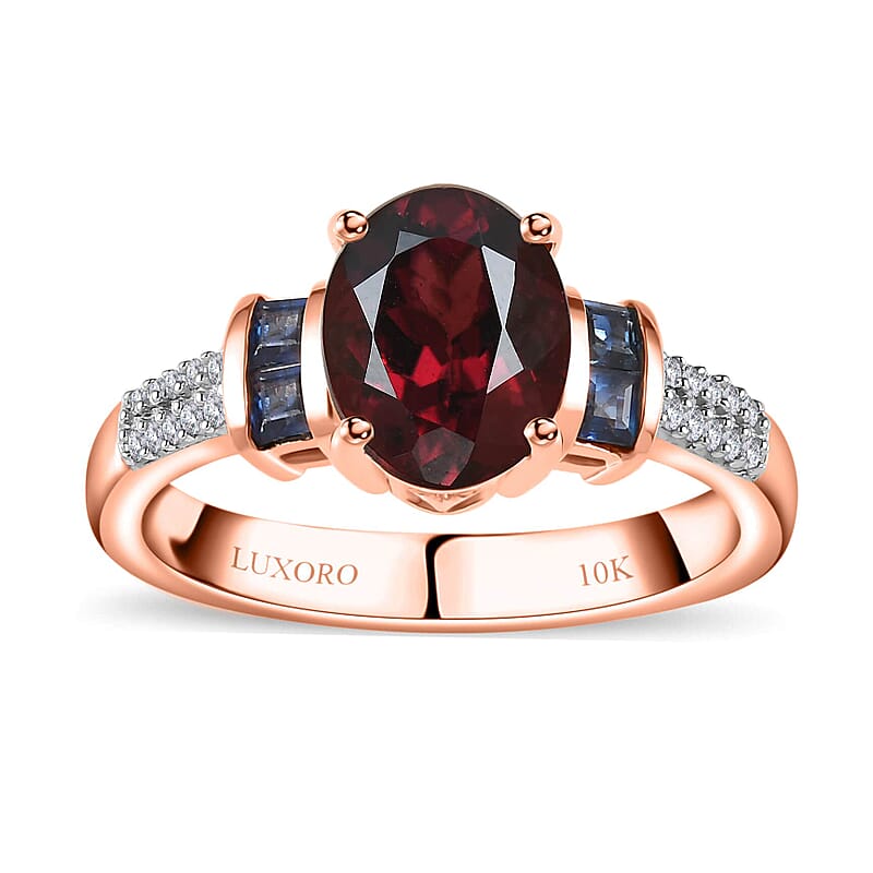 Luxoro 10K Rose Gold Premium Tanzanian Wine Garnet and Blue Sapphire and G-H I2 Diamond Ring (Size 10.0) 2.60 ctw