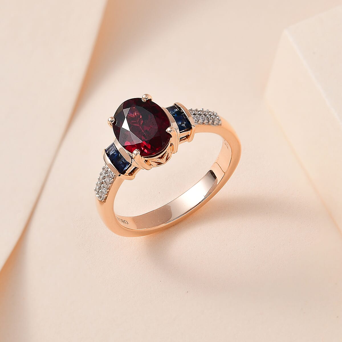 Luxoro 10K Rose Gold Premium Tanzanian Wine Garnet and Blue Sapphire and G-H I2 Diamond Ring (Size 7.0) 2.60 ctw image number 1