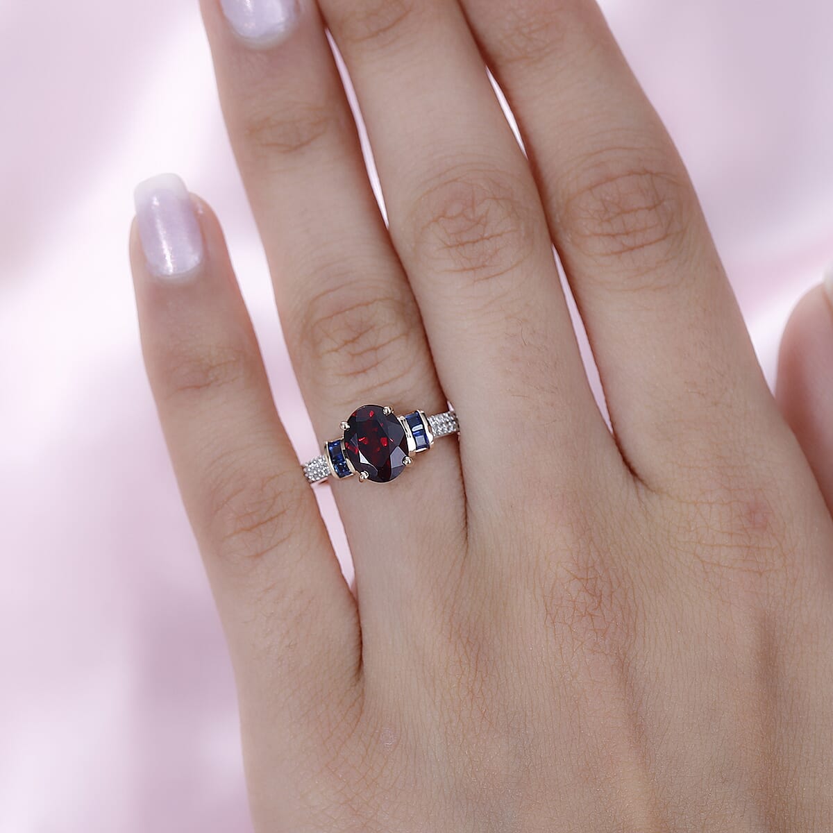 Luxoro 10K Rose Gold Premium Tanzanian Wine Garnet and Blue Sapphire and G-H I2 Diamond Ring (Size 7.0) 2.60 ctw image number 2