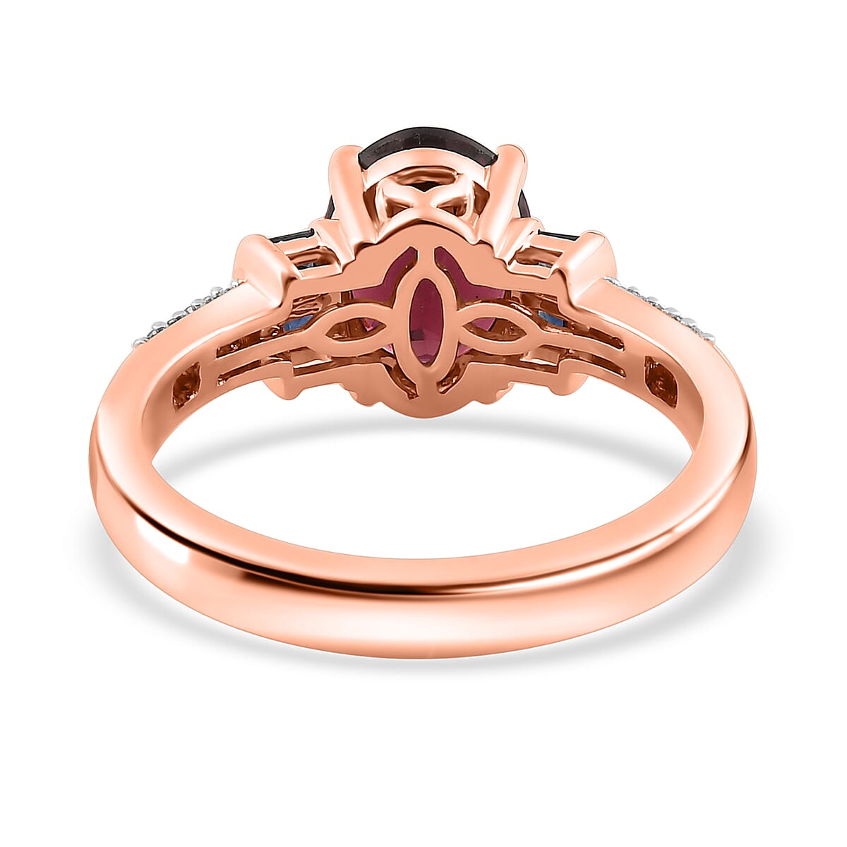 Luxoro 10K Rose Gold Premium Tanzanian Wine Garnet and Blue Sapphire and G-H I2 Diamond Ring (Size 7.0) 2.60 ctw image number 4