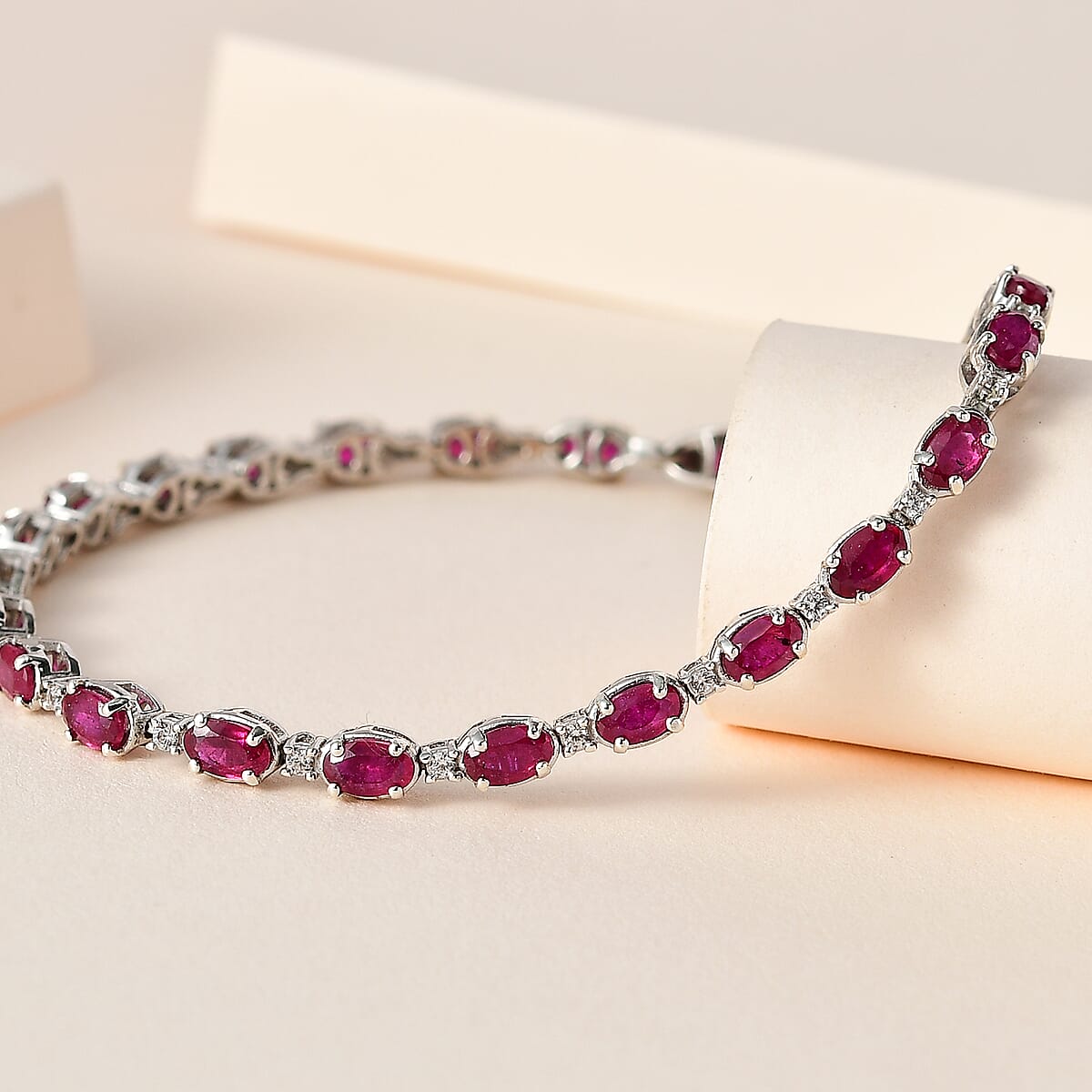 Niassa Ruby (FF) and White Zircon Bracelet in Platinum Over Sterling Silver (7.25 In) 8.10 ctw image number 1