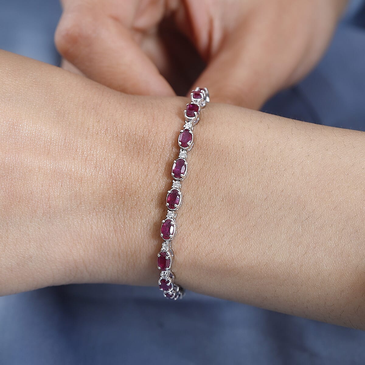 Niassa Ruby (FF) and White Zircon Bracelet in Platinum Over Sterling Silver (7.25 In) 8.10 ctw image number 2