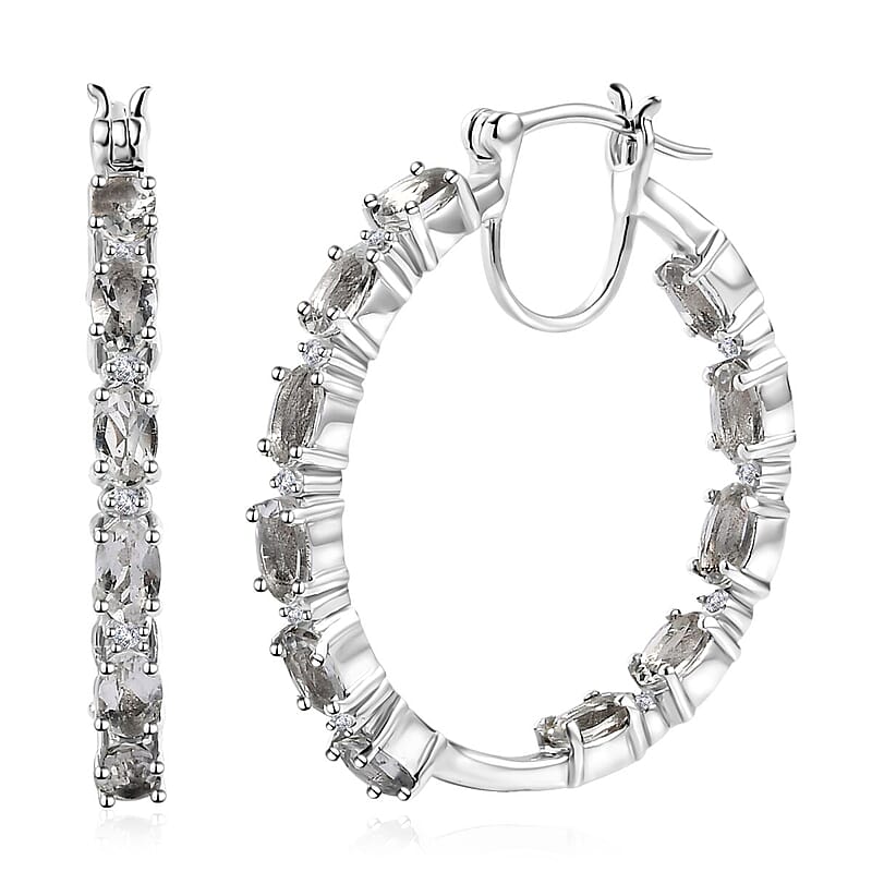 Brazilian Petalite and White Zircon 4.30 ctw Inside Out Hoop Earrings in Platinum Over Sterling Silver