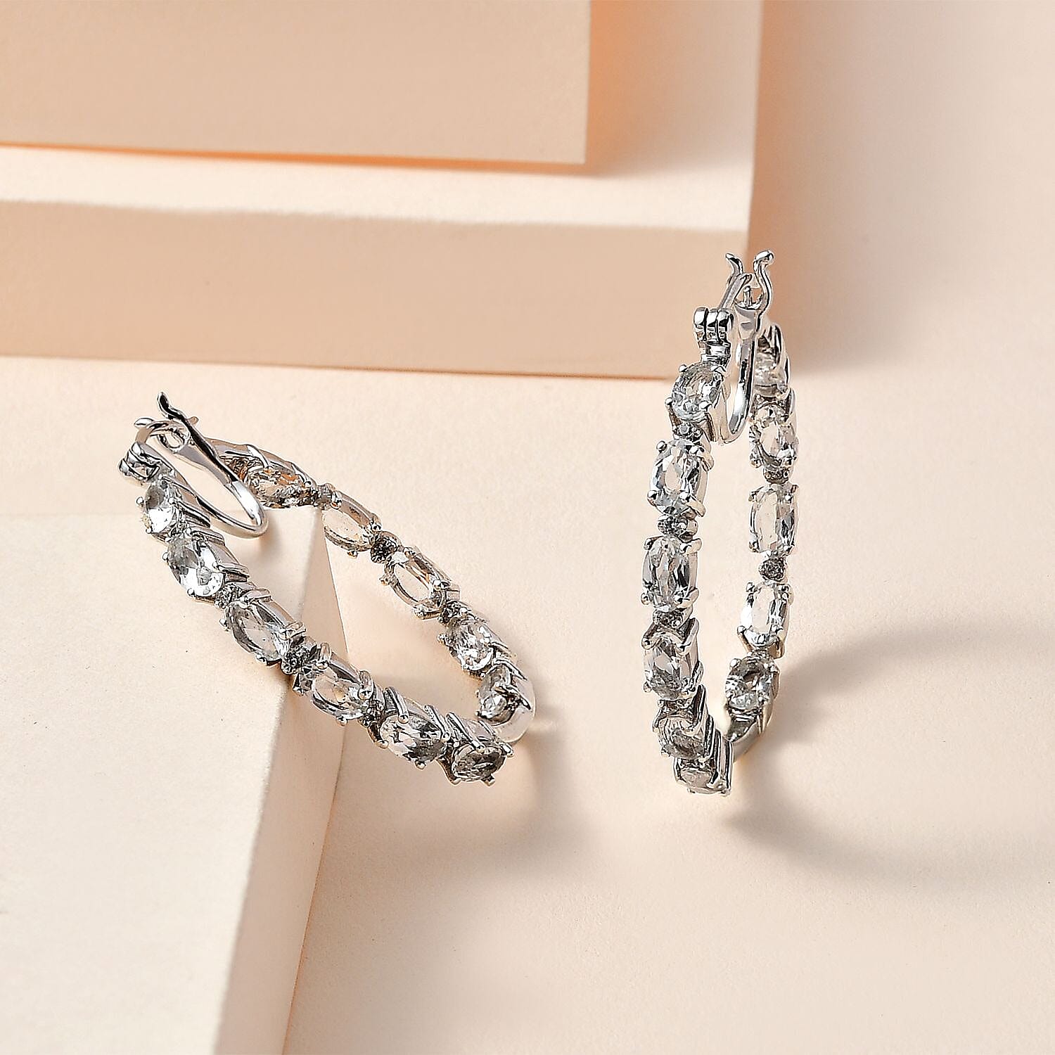 Brazilian Petalite and White Zircon 4.30 ctw Inside Out Hoop Earrings in Platinum Over Sterling Silver