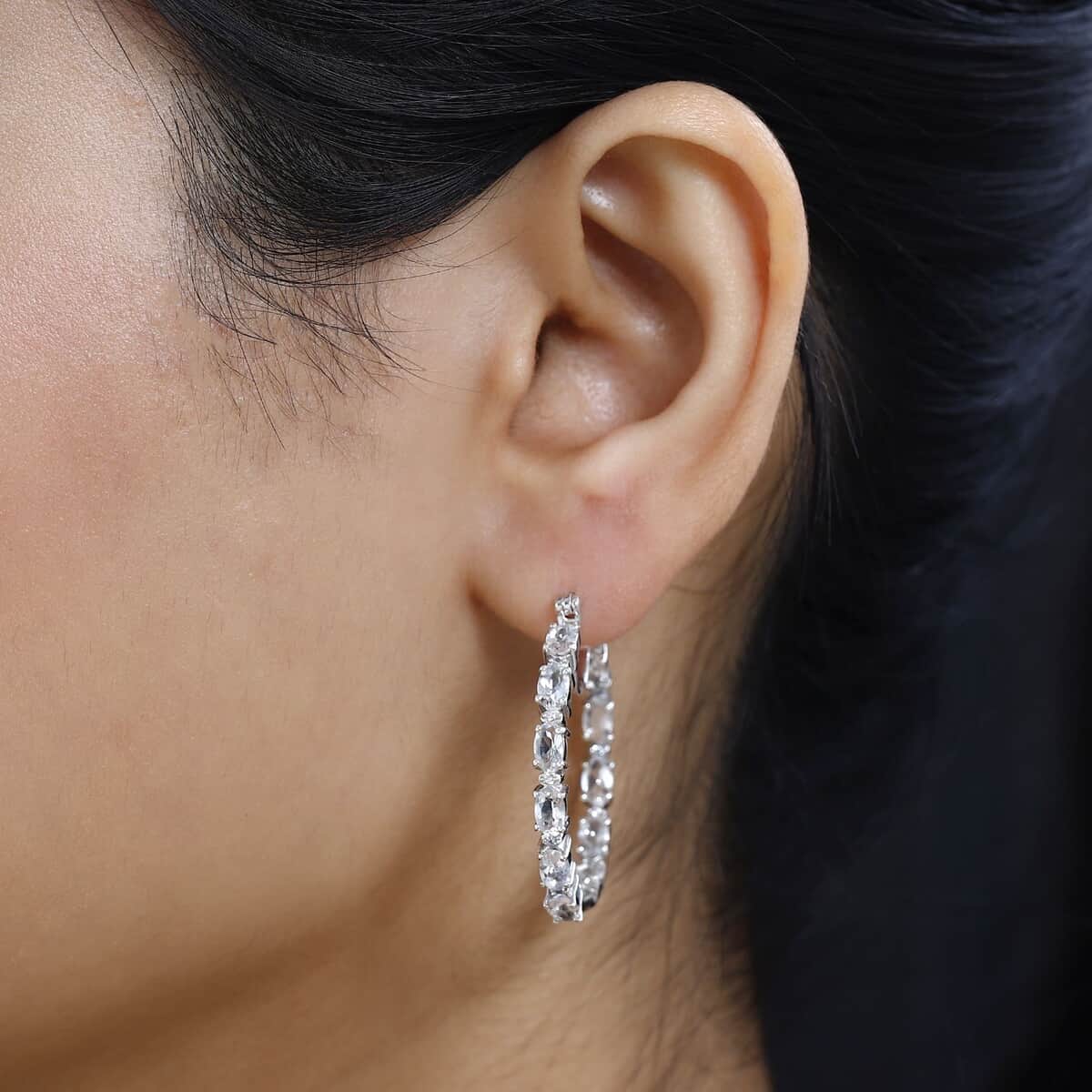 Brazilian Petalite and White Zircon Inside Out Hoop Earrings in Platinum Over Sterling Silver 4.30 ctw image number 2