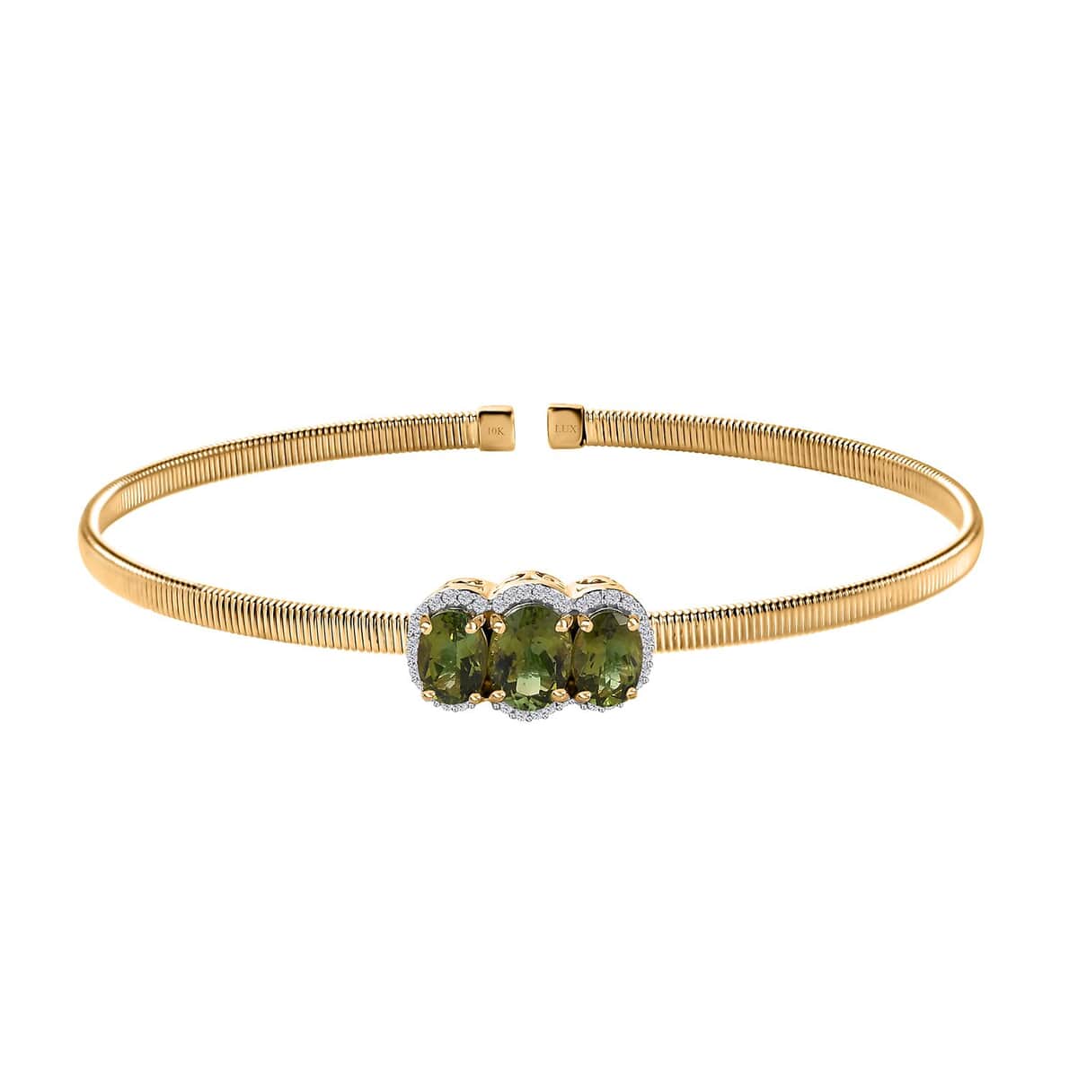 Luxoro 10K Yellow Gold Natural Calabar Green Tourmaline, Diamond (G-H, I2) (0.15 cts) Cuff Bracelet (7.25 In) (4.15 g) 2.35 ctw image number 0