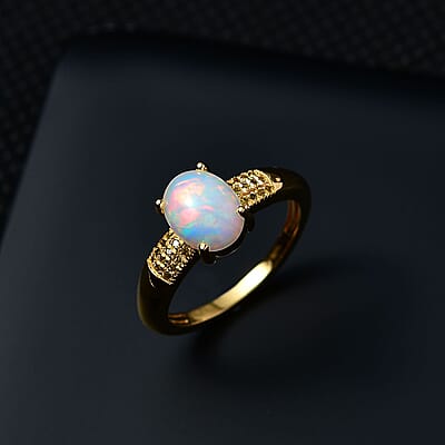 Ethiopian Welo Opal and Yellow Diamond Ring in Vermeil Yellow Gold Over Sterling Silver (Size 10.0) 1.30 ctw