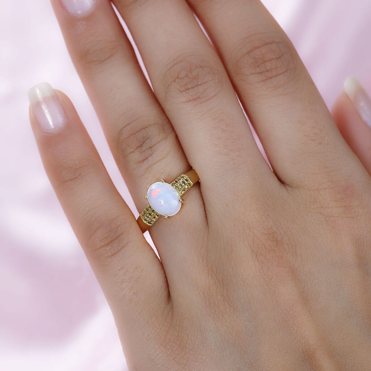 Ethiopian Welo Opal and Yellow Diamond Ring in Vermeil Yellow Gold Over Sterling Silver (Size 6.0) 1.30 ctw image number 2