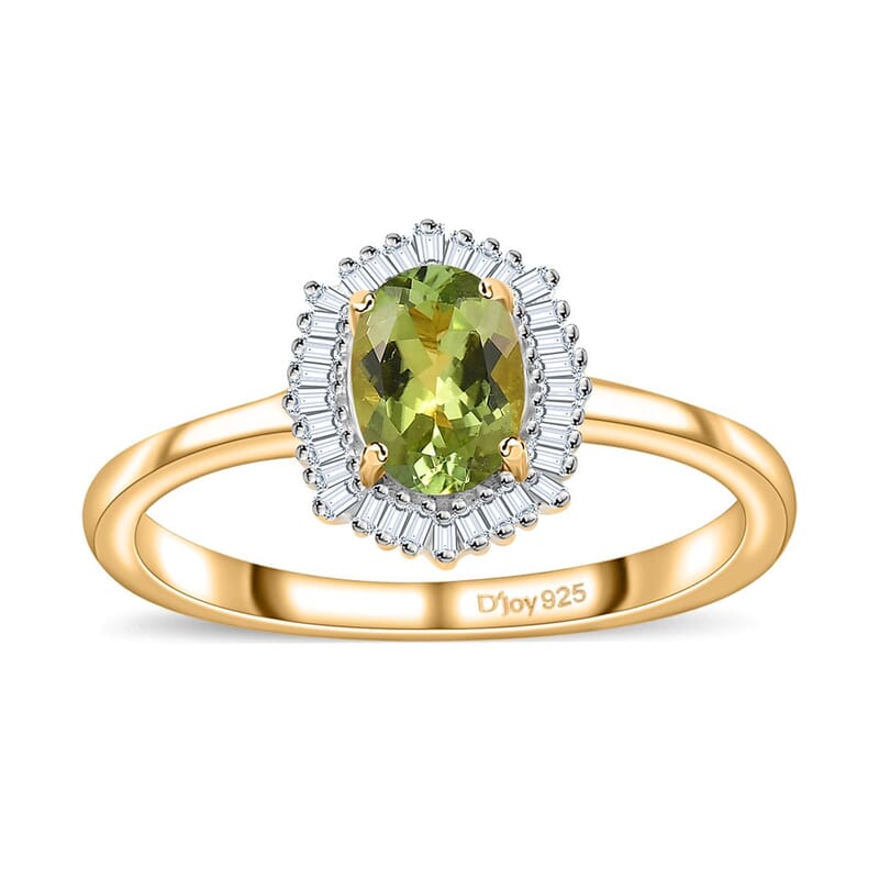 AAA Natural Calabar Green Tourmaline and Diamond Halo Ring in Vermeil Yellow Gold Over Sterling Silver (Size 10.0) 1.15 ctw