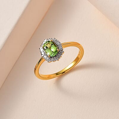 AAA Natural Calabar Green Tourmaline and Diamond Halo Ring in Vermeil Yellow Gold Over Sterling Silver (Size 10.0) 1.15 ctw