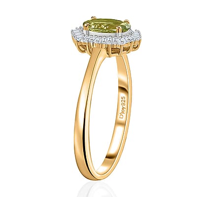 AAA Natural Calabar Green Tourmaline and Diamond Halo Ring in Vermeil Yellow Gold Over Sterling Silver (Size 10.0) 1.15 ctw